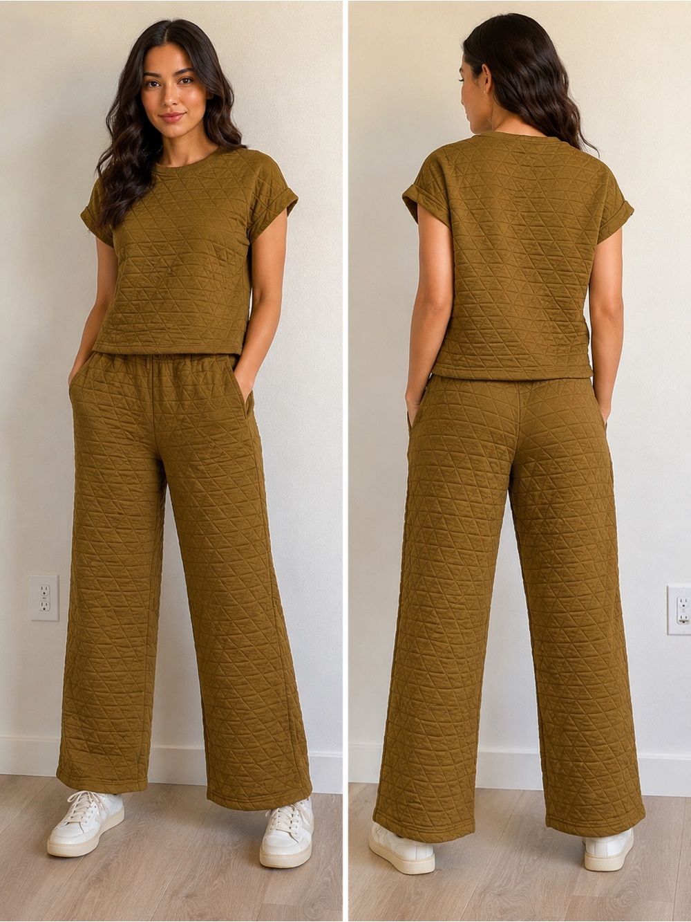 Quilted Wide-Leg Pants in Olive for Women